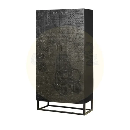 Armario Jeroglifico en madera de mango y base de hierro dos puertas talladas a mano con estantes interiores y barra de colgar estilo industrial y artesanal 90x50x180cm - Giner y Colomer - 6872GYC - foto-secundaria-1