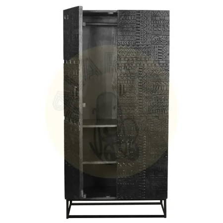 Armario Jeroglifico en madera de mango y base de hierro dos puertas talladas a mano con estantes interiores y barra de colgar estilo industrial y artesanal 90x50x180cm - Giner y Colomer - 6872GYC - foto-secundaria-2