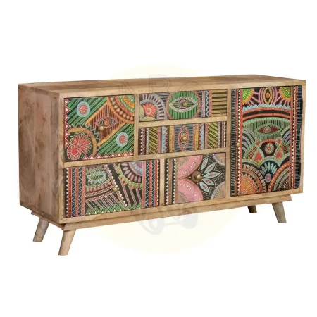 Cómoda Lindos madera de mango con 5 cajones y 1 puerta detalles pintados a mano acabado multicolor diseño atemporal 100x32x55cm - Giner y Colomer - 6880GYC - foto-secundaria-1