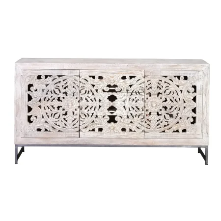 Aparador Mykonos 2 puertas 3 cajones madera de mango maciza base metálica gris puertas talladas a mano acabado blanco envejecido 150x38x80cm - Giner y Colomer - 6894GYC - foto-blanco