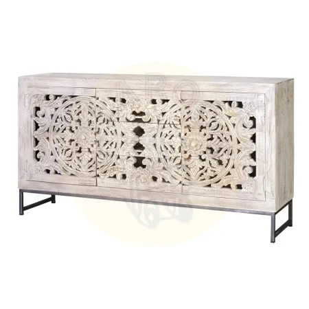 Aparador Mykonos 2 puertas 3 cajones madera de mango maciza base metálica gris puertas talladas a mano acabado blanco envejecido 150x38x80cm - Giner y Colomer - 6894GYC - foto-secundaria-1