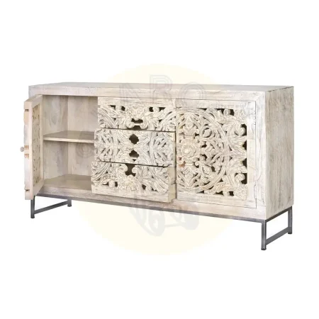 Aparador Mykonos 2 puertas 3 cajones madera de mango maciza base metálica gris puertas talladas a mano acabado blanco envejecido 150x38x80cm - Giner y Colomer - 6894GYC - foto-secundaria-2