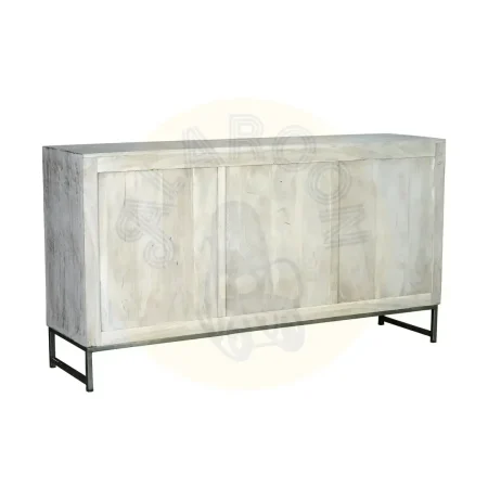 Aparador Mykonos 2 puertas 3 cajones madera de mango maciza base metálica gris puertas talladas a mano acabado blanco envejecido 150x38x80cm - Giner y Colomer - 6894GYC - foto-secundaria-3