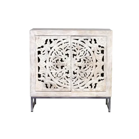 Cómoda Mykonos en madera de mango con base de hierro 2 puertas talladas acabado blanco envejecido y base gris 80x35x80cm - Giner y Colomer - 6895GYC - foto-blanco