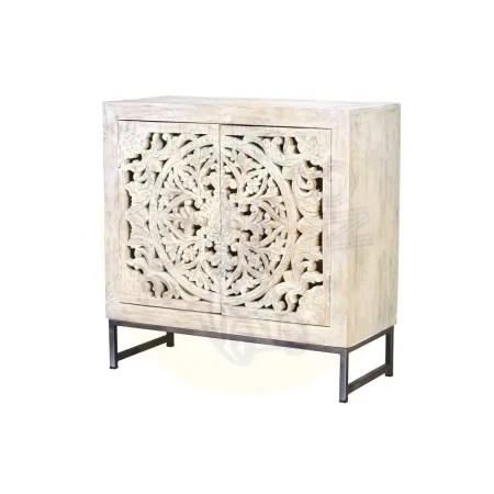 Cómoda Mykonos en madera de mango con base de hierro 2 puertas talladas acabado blanco envejecido y base gris 80x35x80cm - Giner y Colomer - 6895GYC - foto-secundaria-1