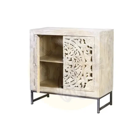 Cómoda Mykonos en madera de mango con base de hierro 2 puertas talladas acabado blanco envejecido y base gris 80x35x80cm - Giner y Colomer - 6895GYC - foto-secundaria-2
