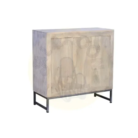 Cómoda Mykonos en madera de mango con base de hierro 2 puertas talladas acabado blanco envejecido y base gris 80x35x80cm - Giner y Colomer - 6895GYC - foto-secundaria-3