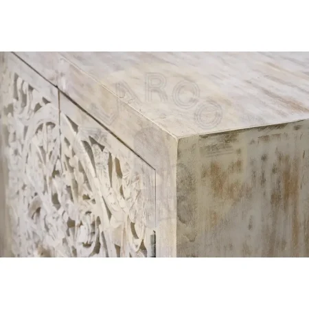 Cómoda Mykonos en madera de mango con base de hierro 2 puertas talladas acabado blanco envejecido y base gris 80x35x80cm - Giner y Colomer - 6895GYC - foto-secundaria-4