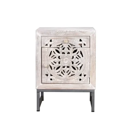 Mesita de noche Mykonos madera de mango puerta y cajón diseño tallado a mano acabado blanco envejecido base de hierro gris estilo rústico moderno 40x35x56cm - Giner y Colomer - 6897GYC - foto-blanco