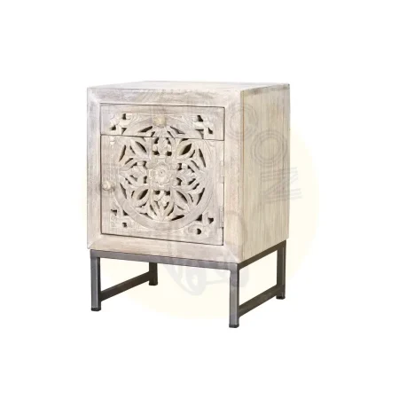 Mesita de noche Mykonos madera de mango puerta y cajón diseño tallado a mano acabado blanco envejecido base de hierro gris estilo rústico moderno 40x35x56cm - Giner y Colomer - 6897GYC - foto-secundaria-1