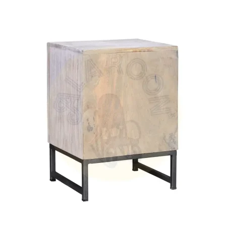Mesita de noche Mykonos madera de mango puerta y cajón diseño tallado a mano acabado blanco envejecido base de hierro gris estilo rústico moderno 40x35x56cm - Giner y Colomer - 6897GYC - foto-secundaria-3