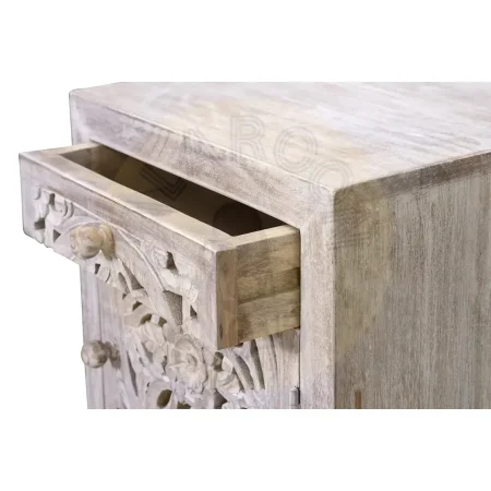 Mesita de noche Mykonos madera de mango puerta y cajón diseño tallado a mano acabado blanco envejecido base de hierro gris estilo rústico moderno 40x35x56cm - Giner y Colomer - 6897GYC - foto-secundaria-4