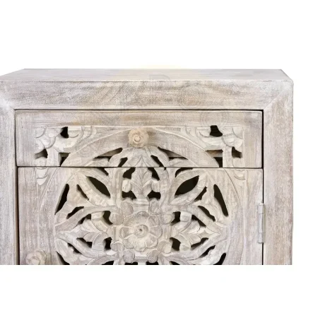 Mesita de noche Mykonos madera de mango puerta y cajón diseño tallado a mano acabado blanco envejecido base de hierro gris estilo rústico moderno 40x35x56cm - Giner y Colomer - 6897GYC - foto-secundaria-5