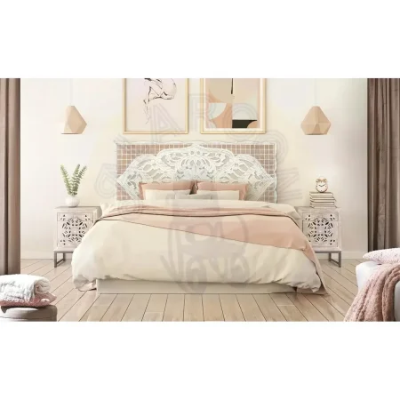 Mesita de noche Mykonos madera de mango puerta y cajón diseño tallado a mano acabado blanco envejecido base de hierro gris estilo rústico moderno 40x35x56cm - Giner y Colomer - 6897GYC - foto-secundaria-6