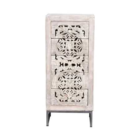 Sinfonier 5 cajones de madera de mango tallada a mano con base de hierro estilo industrial blanco envejecido 45x35x105cm - Giner y Colomer - 6898GYC - foto-blanco