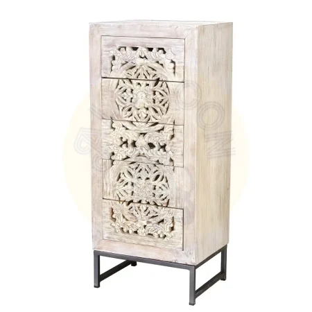 Sinfonier 5 cajones de madera de mango tallada a mano con base de hierro estilo industrial blanco envejecido 45x35x105cm - Giner y Colomer - 6898GYC - foto-secundaria-7