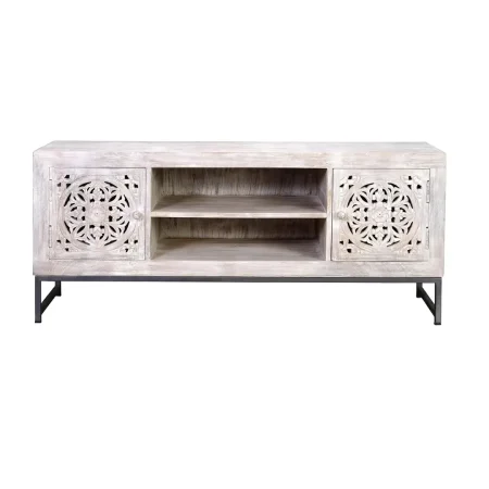 Mueble de TV Mykonos en madera de mango con base de hierro y puertas talladas a mano acabado en blanco envejecido y gris 130x40x55cm - Giner y Colomer - 6899GYC - foto-blanco