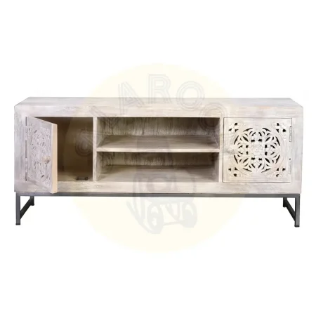 Mueble de TV Mykonos en madera de mango con base de hierro y puertas talladas a mano acabado en blanco envejecido y gris 130x40x55cm - Giner y Colomer - 6899GYC - foto-secundaria-1