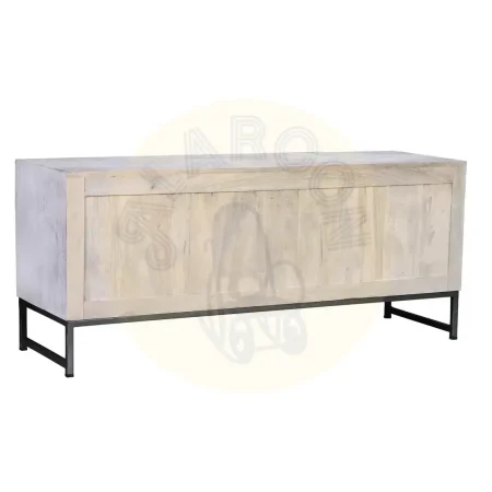 Mueble de TV Mykonos en madera de mango con base de hierro y puertas talladas a mano acabado en blanco envejecido y gris 130x40x55cm - Giner y Colomer - 6899GYC - foto-secundaria-2