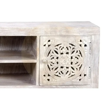 Mueble de TV Mykonos en madera de mango con base de hierro y puertas talladas a mano acabado en blanco envejecido y gris 130x40x55cm - Giner y Colomer - 6899GYC - foto-secundaria-4