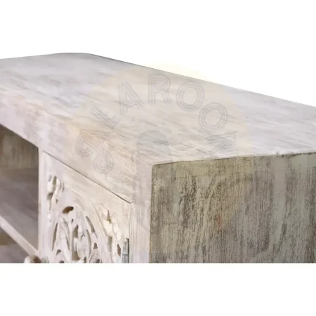 Mueble de TV Mykonos en madera de mango con base de hierro y puertas talladas a mano acabado en blanco envejecido y gris 130x40x55cm - Giner y Colomer - 6899GYC - foto-secundaria-5