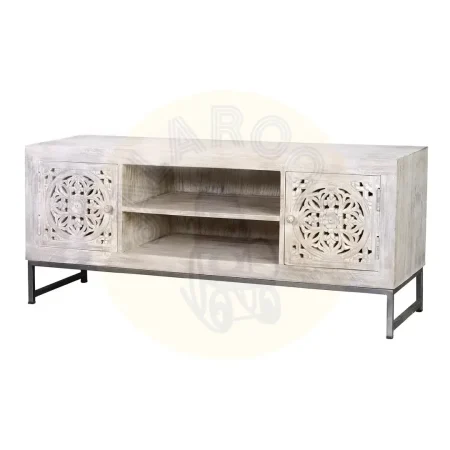 Mueble de TV Mykonos en madera de mango con base de hierro y puertas talladas a mano acabado en blanco envejecido y gris 130x40x55cm - Giner y Colomer - 6899GYC - foto-secundaria-7