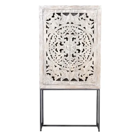 Alacena Mykonos 2 puertas en madera de mango maciza con base de hierro talladas a mano estantes interiores acabado blanco envejecido 85x38x175cm - Giner y Colomer - 6900GYC - foto-blanco