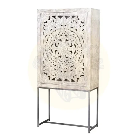 Alacena Mykonos 2 puertas en madera de mango maciza con base de hierro talladas a mano estantes interiores acabado blanco envejecido 85x38x175cm - Giner y Colomer - 6900GYC - foto-secundaria-1