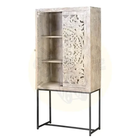 Alacena Mykonos 2 puertas en madera de mango maciza con base de hierro talladas a mano estantes interiores acabado blanco envejecido 85x38x175cm - Giner y Colomer - 6900GYC - foto-secundaria-2