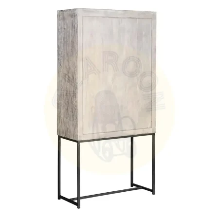 Alacena Mykonos 2 puertas en madera de mango maciza con base de hierro talladas a mano estantes interiores acabado blanco envejecido 85x38x175cm - Giner y Colomer - 6900GYC - foto-secundaria-3