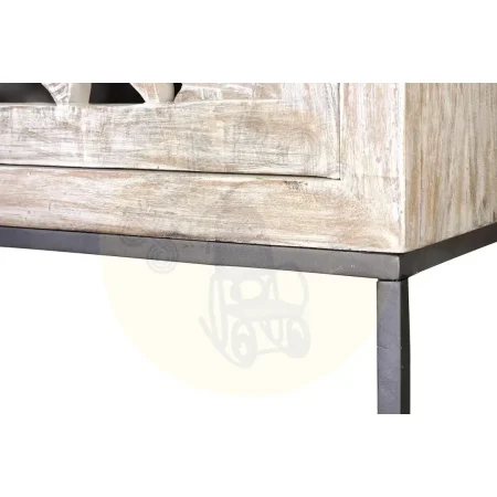 Alacena Mykonos 2 puertas en madera de mango maciza con base de hierro talladas a mano estantes interiores acabado blanco envejecido 85x38x175cm - Giner y Colomer - 6900GYC - foto-secundaria-5