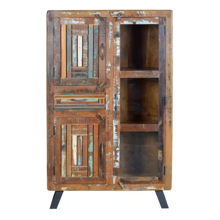 Vitrina Hyderabad en madera reciclada multicolor con patas y tiradores de metal tres puertas y un cajón con estantes interiores diseño rústico contemporáneo 90x38x140cm - Giner y Colomer - 6982GYC - foto-blanco