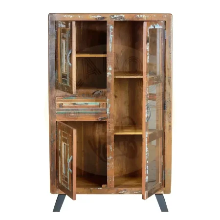 Vitrina Hyderabad en madera reciclada multicolor con patas y tiradores de metal tres puertas y un cajón con estantes interiores diseño rústico contemporáneo 90x38x140cm - Giner y Colomer - 6982GYC - foto-secundaria-1