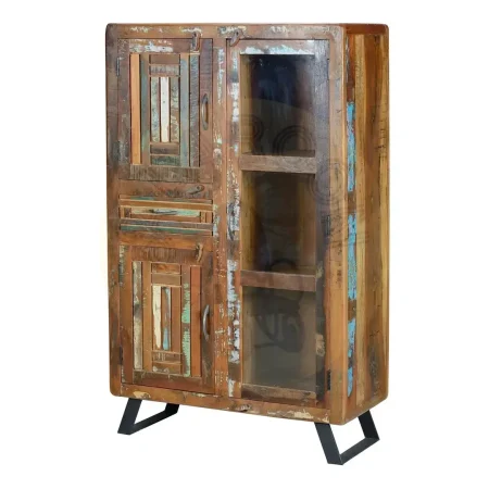 Vitrina Hyderabad en madera reciclada multicolor con patas y tiradores de metal tres puertas y un cajón con estantes interiores diseño rústico contemporáneo 90x38x140cm - Giner y Colomer - 6982GYC - foto-secundaria-7