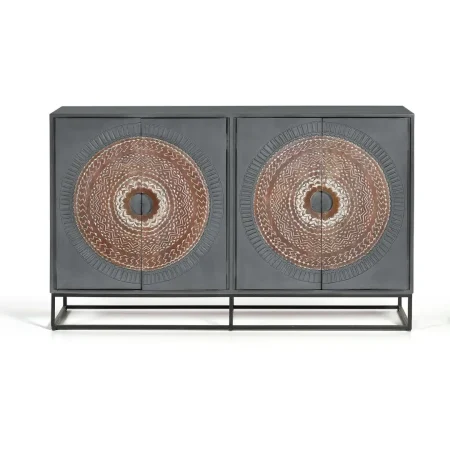 Aparador Wood Mandala 4 puertas talladas madera de mango con base metálica acabado gris y detalles nogal 150x40x90cm - Giner y Colomer - 6986GYC - foto-blanco
