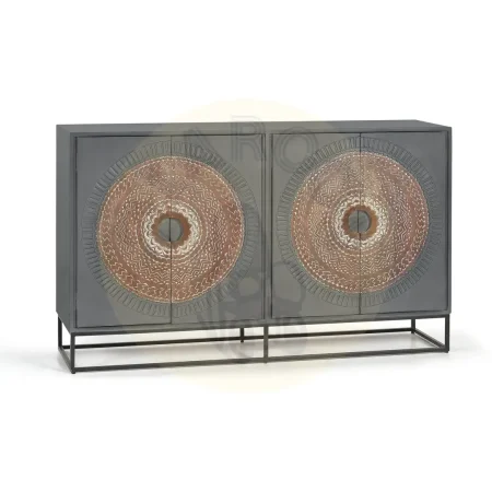 Aparador Wood Mandala 4 puertas talladas madera de mango con base metálica acabado gris y detalles nogal 150x40x90cm - Giner y Colomer - 6986GYC - foto-secundaria-1