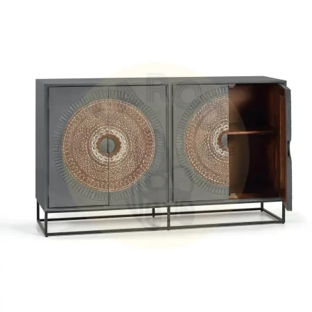 Aparador Wood Mandala 4 puertas talladas madera de mango con base metálica acabado gris y detalles nogal 150x40x90cm - Giner y Colomer - 6986GYC - foto-secundaria-2
