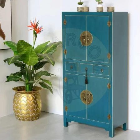 Mueble auxiliar azul en DM estilo oriental con 2 cajones y 2 baldas extraíbles 63x33x131cm - Ixia - 90957IX - foto-secundaria-3