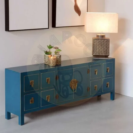 Mueble 8 cajones en DM color azul estilo oriental colección Oriente 130x24x50.50cm - Ixia - 90958IX - foto-secundaria-4