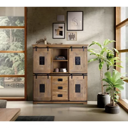 Alacena Madera Acacia Estilo Industrial 4 Puertas + 3 Cajones Colección Júpiter 150x45x160 Cm - Giner y Colomer (1)