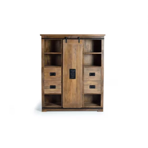 Alacena Madera Acacia Estilo Industrial Puerta Corredera + 4 Cajones Colección Júpiter 140x40x170 Cm - Giner y Colomer (1)
