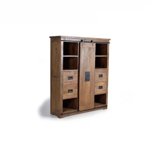 Alacena Madera Acacia Estilo Industrial Puerta Corredera + 4 Cajones Colección Júpiter 140x40x170 Cm - Giner y Colomer (5)