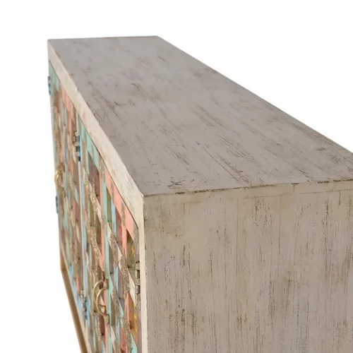Aparador 4 Puertas Madera Natural Mango Detalles Azulejos y Bronce en Blanco Envejecido - Giner y Colomer (5)