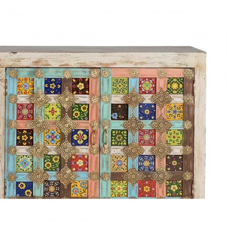 Aparador 4 Puertas Madera Natural Mango Detalles Azulejos y Bronce en Blanco Envejecido - Giner y Colomer (7)