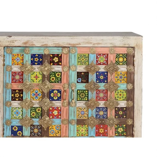 Aparador 4 Puertas Madera Natural Mango Detalles Azulejos y Bronce en Blanco Envejecido - Giner y Colomer (7)