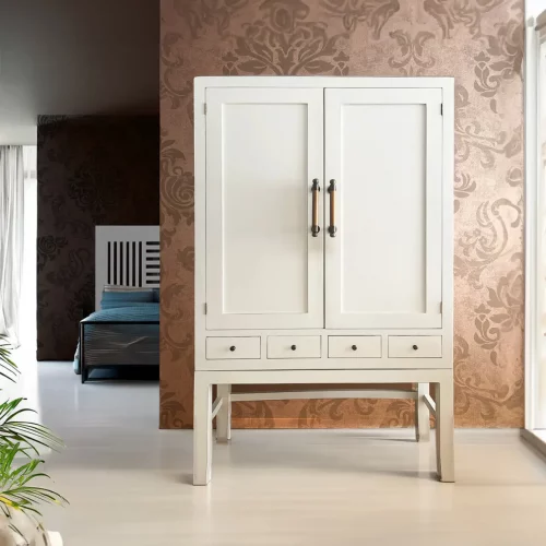 Aparador-Armario Blanco 4 Cajones + 2 Puertas + 2 Estantes Madera Mindi Colección Everest 110x40x180 Cm - Moycor (8)