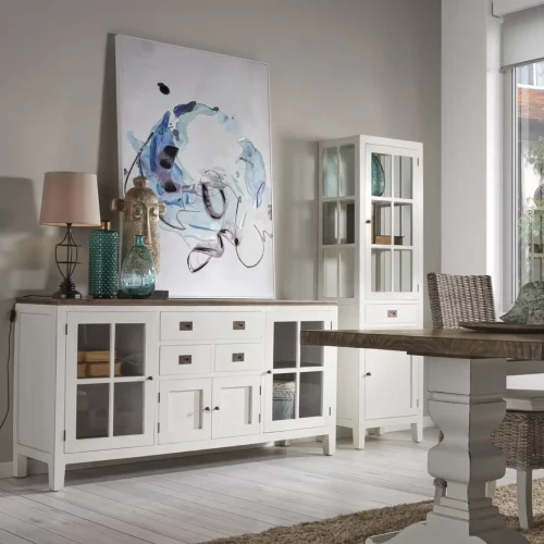 Aparador Blanco Madera Mindi 3 Cajones + 4 Puertas Colección Everest 180x45x90 Cm - Moycor (8)