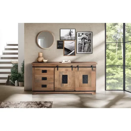 Aparador Estilo Industrial Madera Acacia 2 Puertas Correderas + 3 Cajones 165x45x80 - Giner y Colomer-1