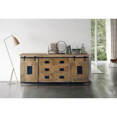Aparador Madera Acacia Estilo Industrial 2 Puertas Correderas + 6 Cajones 190x45x80 - Giner y Colomer-1