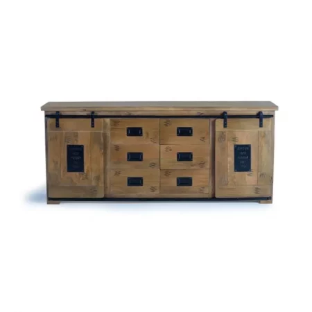 Aparador Madera Acacia Estilo Industrial 2 Puertas Correderas + 6 Cajones 190x45x80 - Giner y Colomer-3